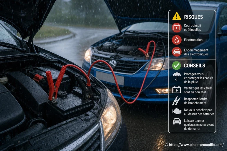 Démarrer une voiture avec des câbles sous la pluie : quels sont les risques et conseils à suivre