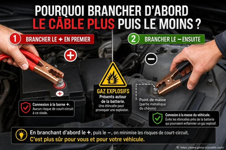 Pourquoi faut-il toujours brancher d’abord le câble plus puis le moins ?