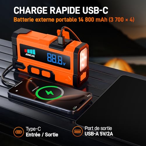 JDMCAR Booster Batterie Voiture 8000A - 14.8V Démarreur Batt