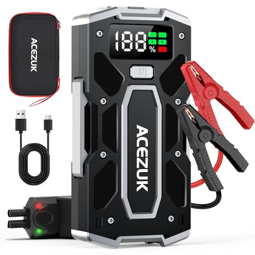 ACEZUK Booster Batterie Voiture 9000A, Démarreur de Batterie de Voiture Portable(Jusqu'à 8.0L Diesel ou 10.0L Gaz), 12V Jump Starter, Pinces Intelligentes avec Écran, Lumière LED, Port de QC3.0